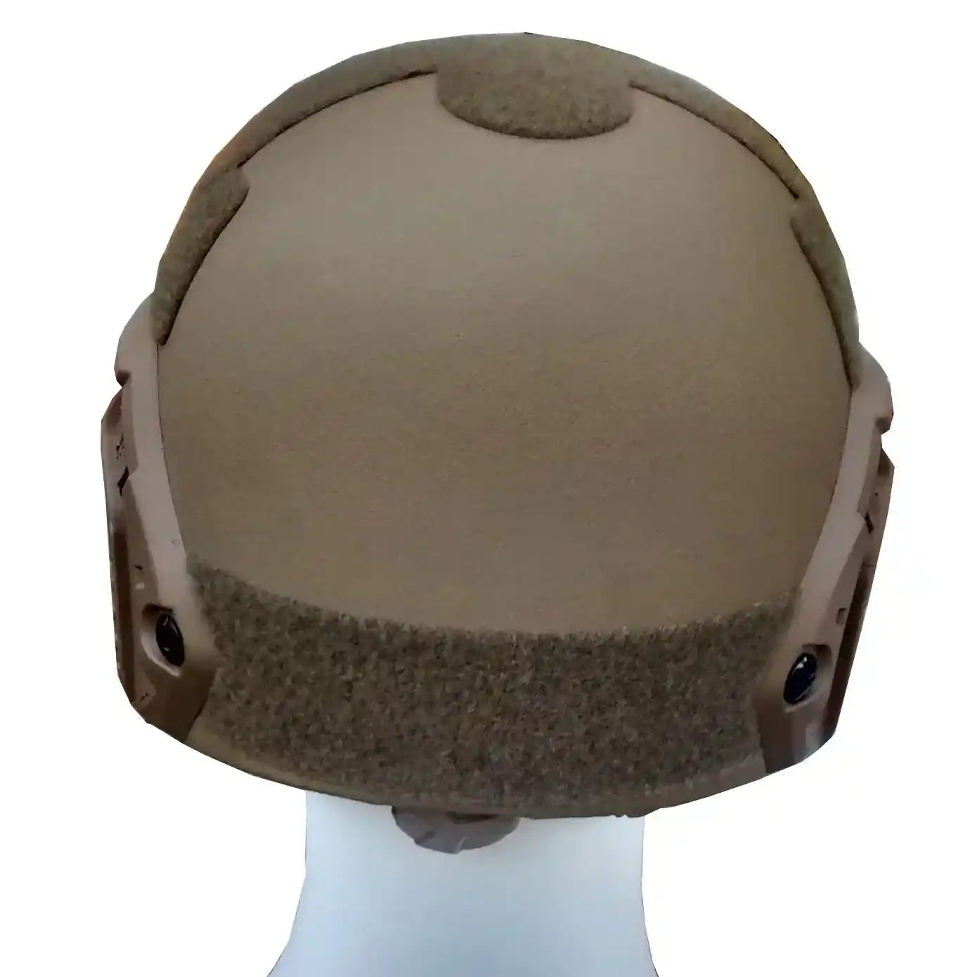Back view of tan tactical helmet with rails, designed for personal protective use