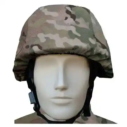 Camouflage military helmet cover on mannequin head, protective headgear for security