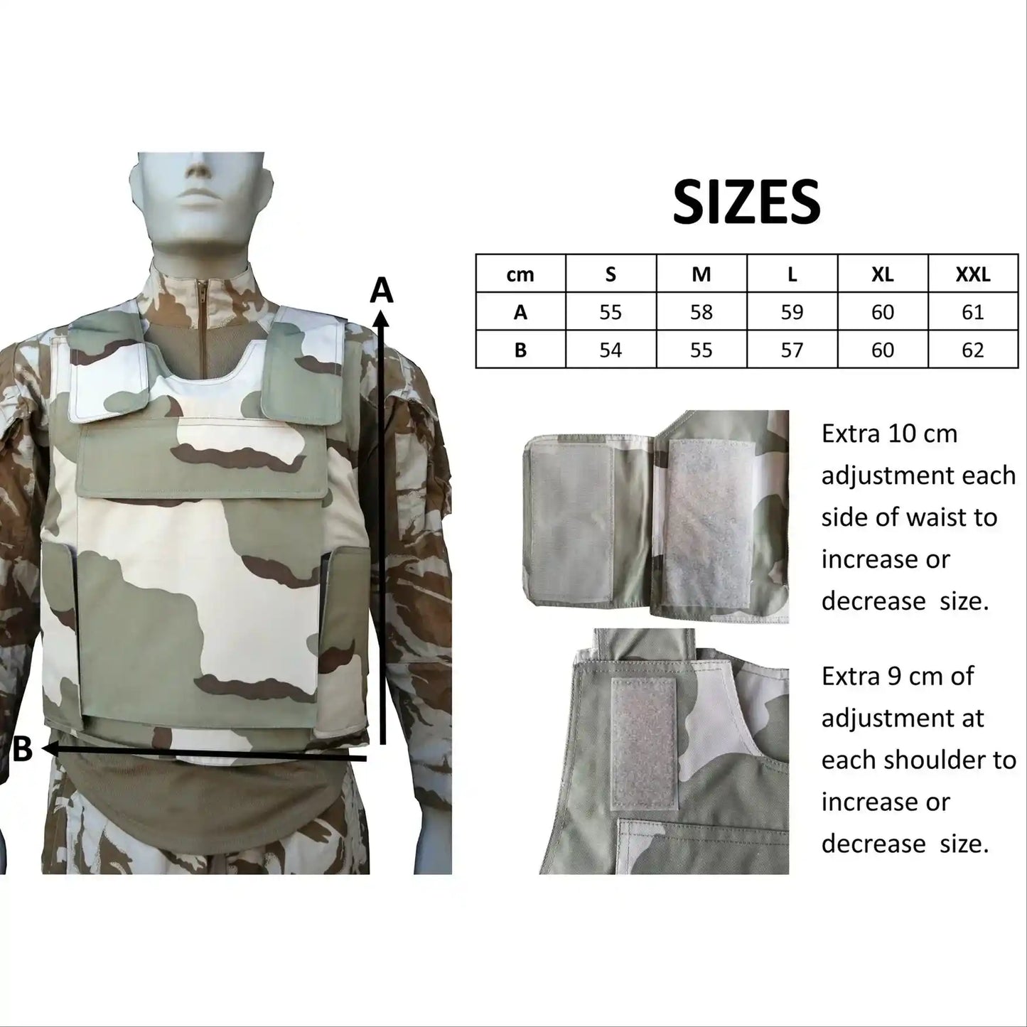 Camouflage body armour size guide with mannequin, adjustment panels, and measurement chart