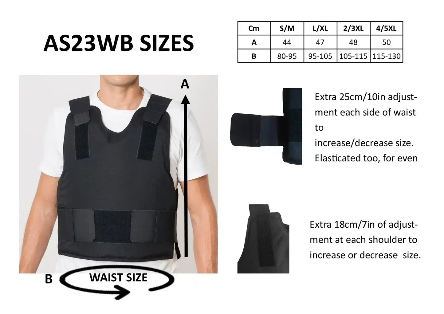 AS23WB body armour sizing chart showing adjustable black protective vest with waist and shoulder measurements.
